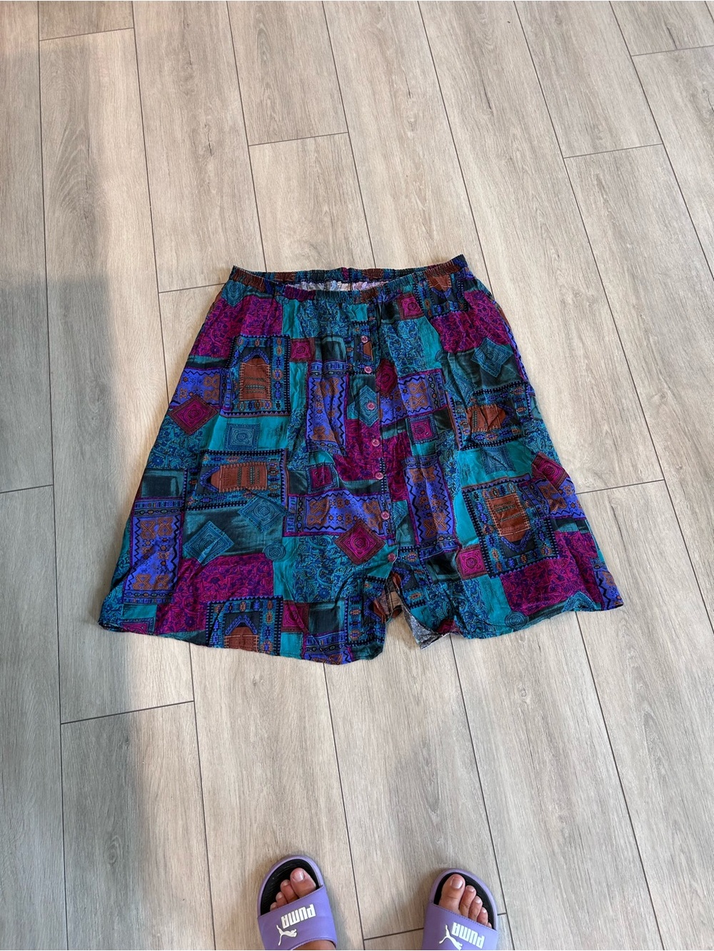 Vintage Lorenzo Teal Purple Aztec Patchwork Boho Southwestern Midi Skirt Tribal